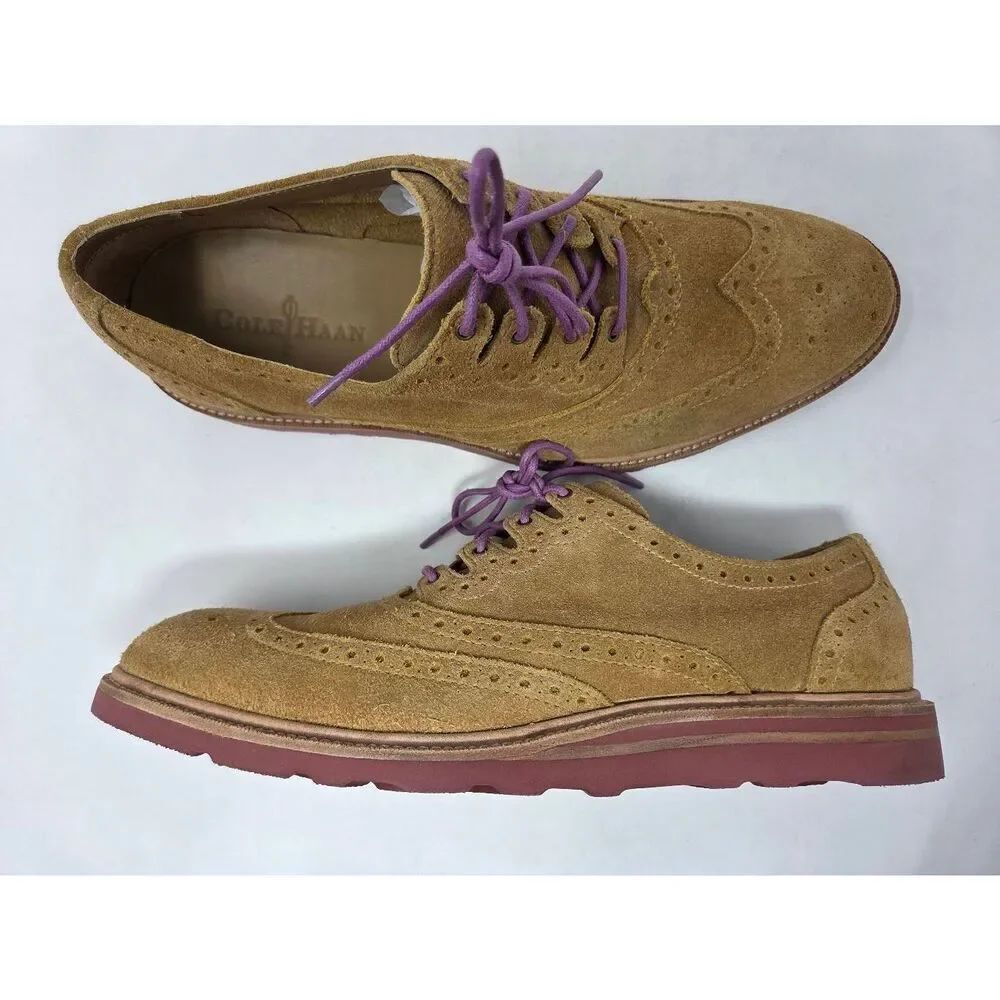 COLE HAAN CHRISTY WEDGE GILLY WINGTIP TAN WHEAT SUEDE OXFORD SHOES 10 VIBRAM